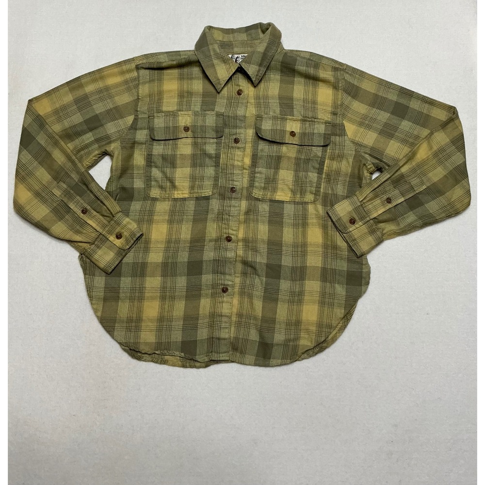 Vintage Marmot Mountain Works Flannel Shirt Mens Small Plaid Green Tan Hiking